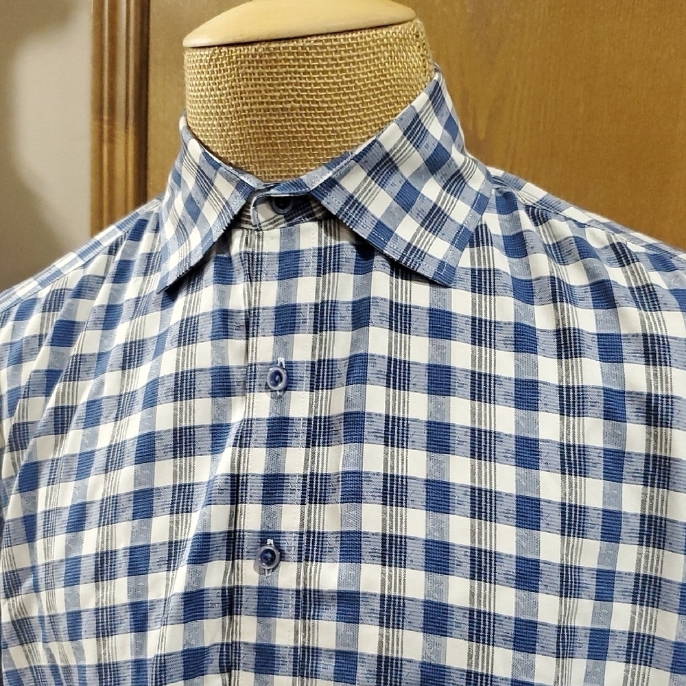 Robert Graham Silk Cotton Blend Blue and White Gingham Casual Shirt